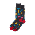 Pair of crew socks in dark gray with peace signs, yellow peace hand gestures, and red hearts.