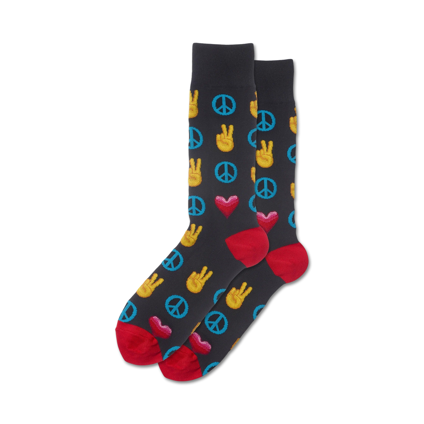 Pair of crew socks in dark gray with peace signs, yellow peace hand gestures, and red hearts.