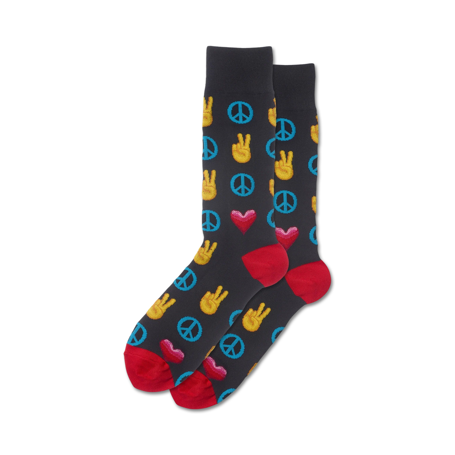 Pair of crew socks in dark gray with peace signs, yellow peace hand gestures, and red hearts.