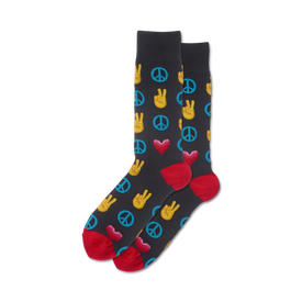 black socks with blue and yellow peace signs, red hearts, and yellow peace hands. men's crew length.  