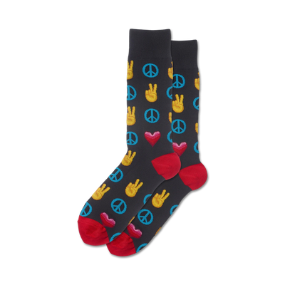 black socks with blue and yellow peace signs, red hearts, and yellow peace hands. men's crew length.  