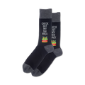 Pair of black crew socks with a gray cuff.  The socks feature a playful design of beer bottles and the text 'Check Out My Six Pack'.