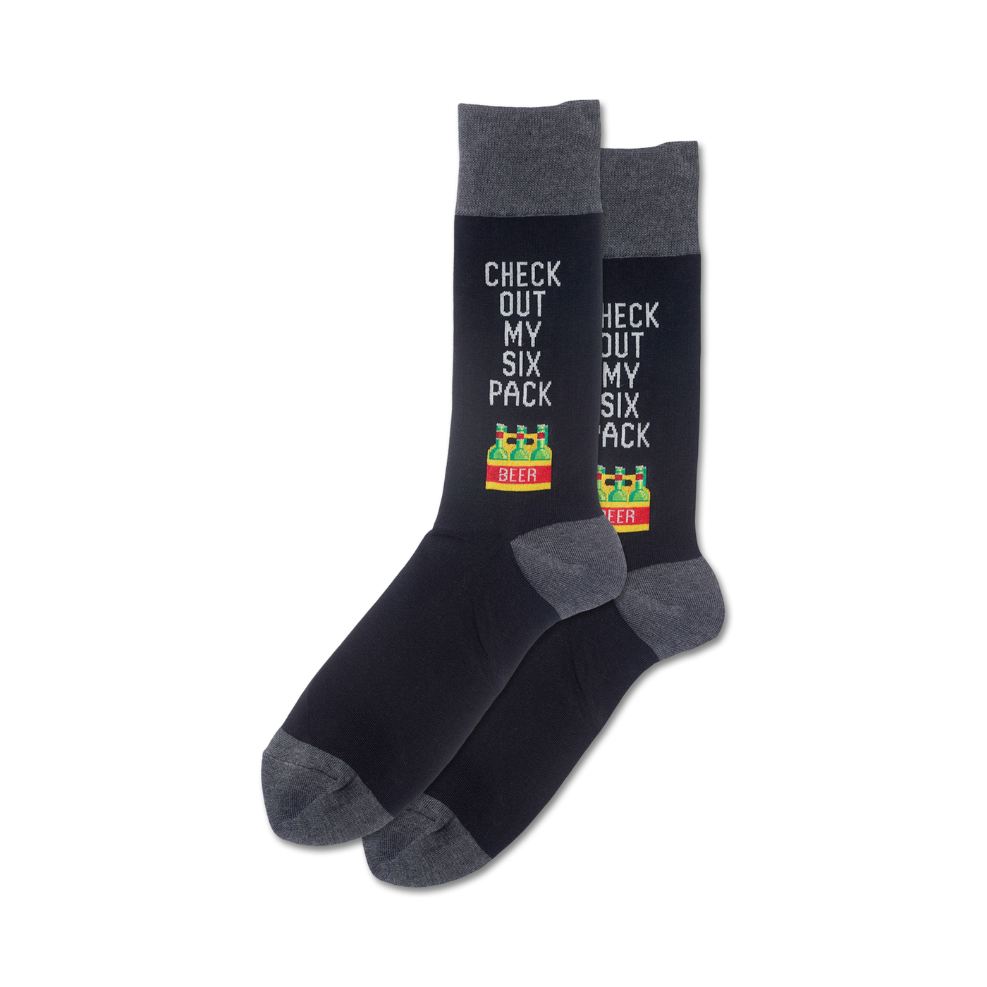 Pair of black crew socks with a gray cuff.  The socks feature a playful design of beer bottles and the text 'Check Out My Six Pack'.
