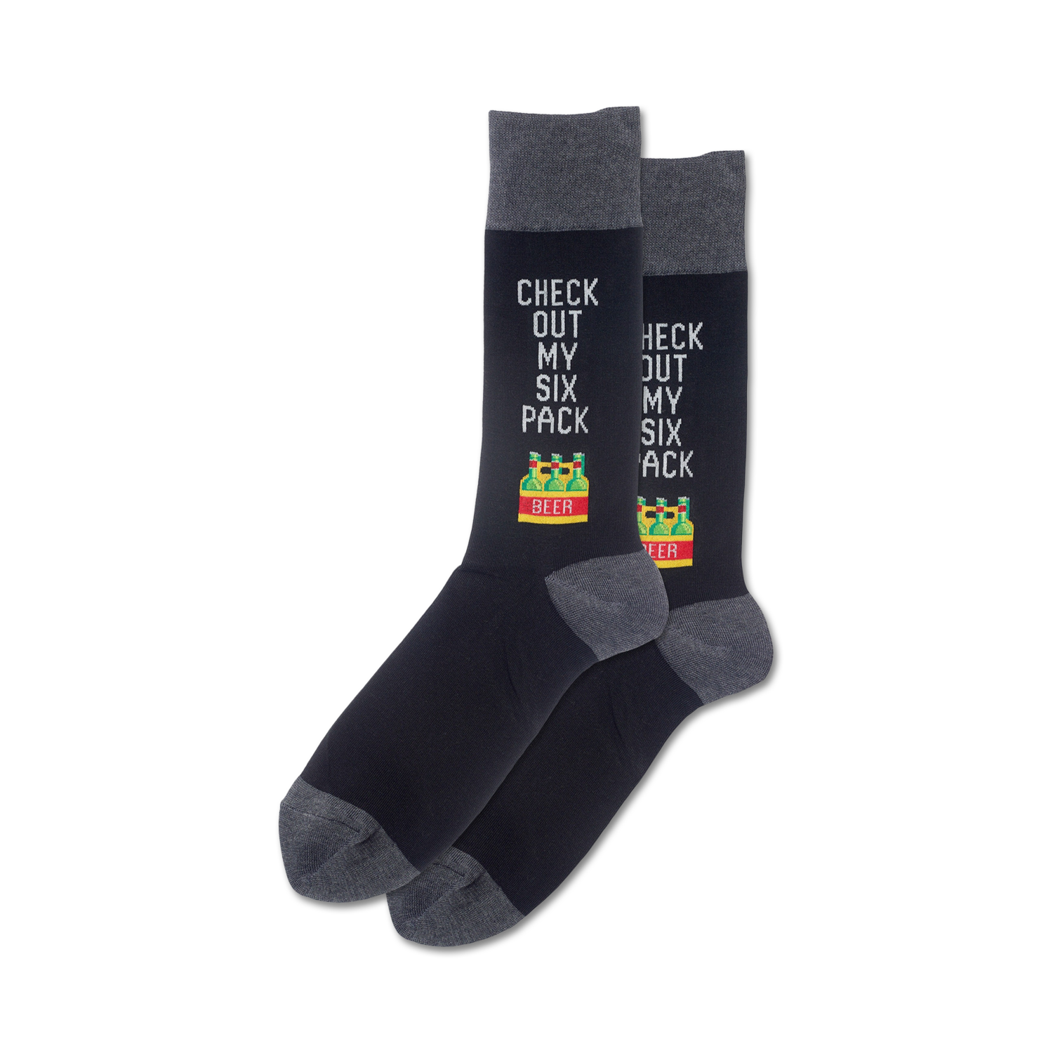 Pair of black crew socks with a gray cuff.  The socks feature a playful design of beer bottles and the text 'Check Out My Six Pack'.