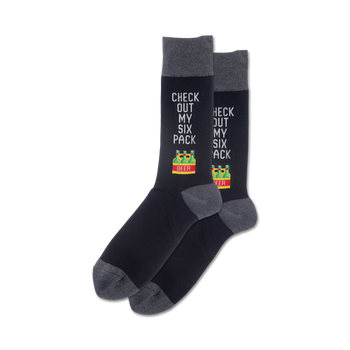 black and gray crew socks with beer bottle pattern and "check out my six pack" text   