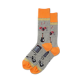Pair of grey crew socks with orange cuffs.  The socks feature a fun design of musical instruments, including guitars, drums, and amplifiers.