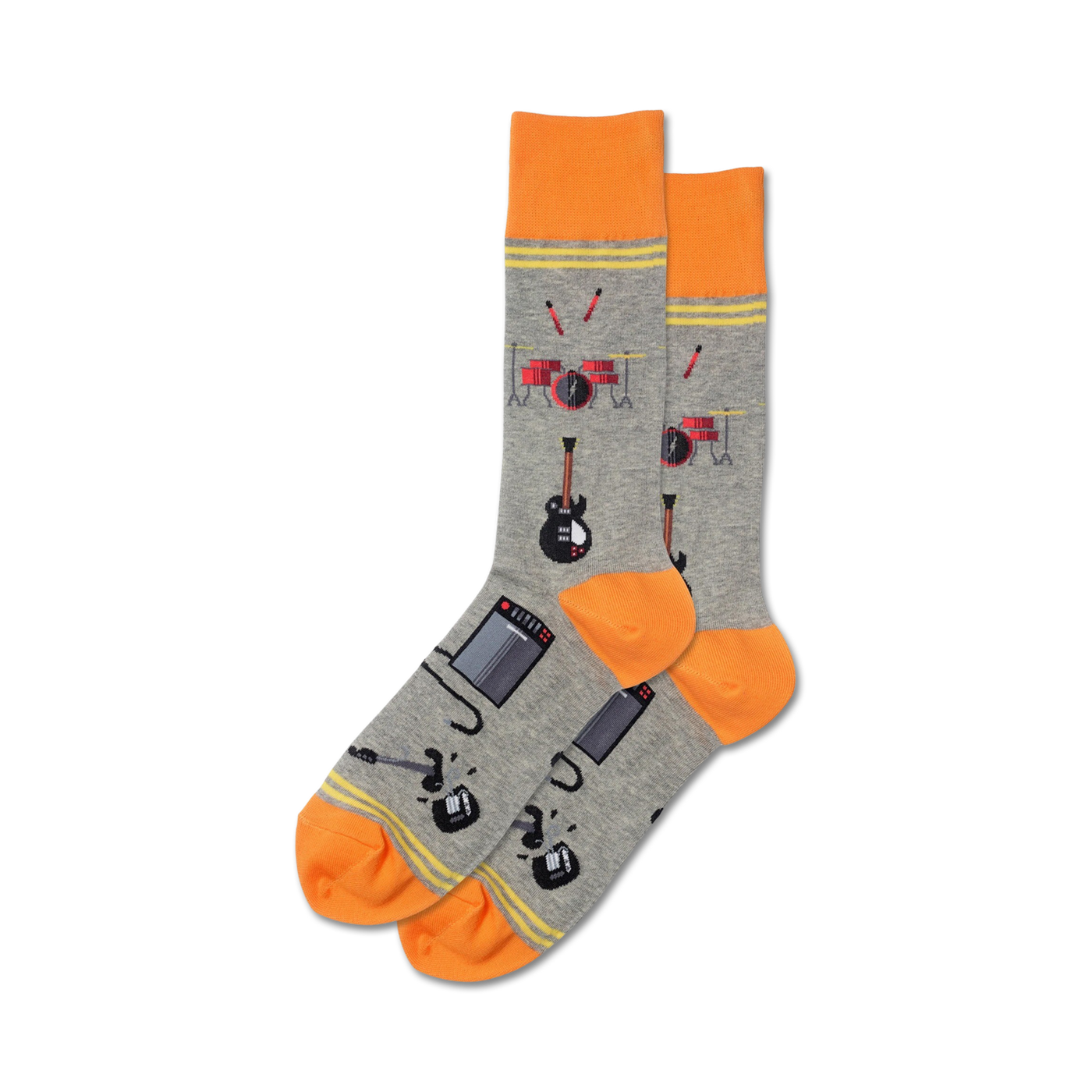 Pair of grey crew socks with orange cuffs.  The socks feature a fun design of musical instruments, including guitars, drums, and amplifiers.