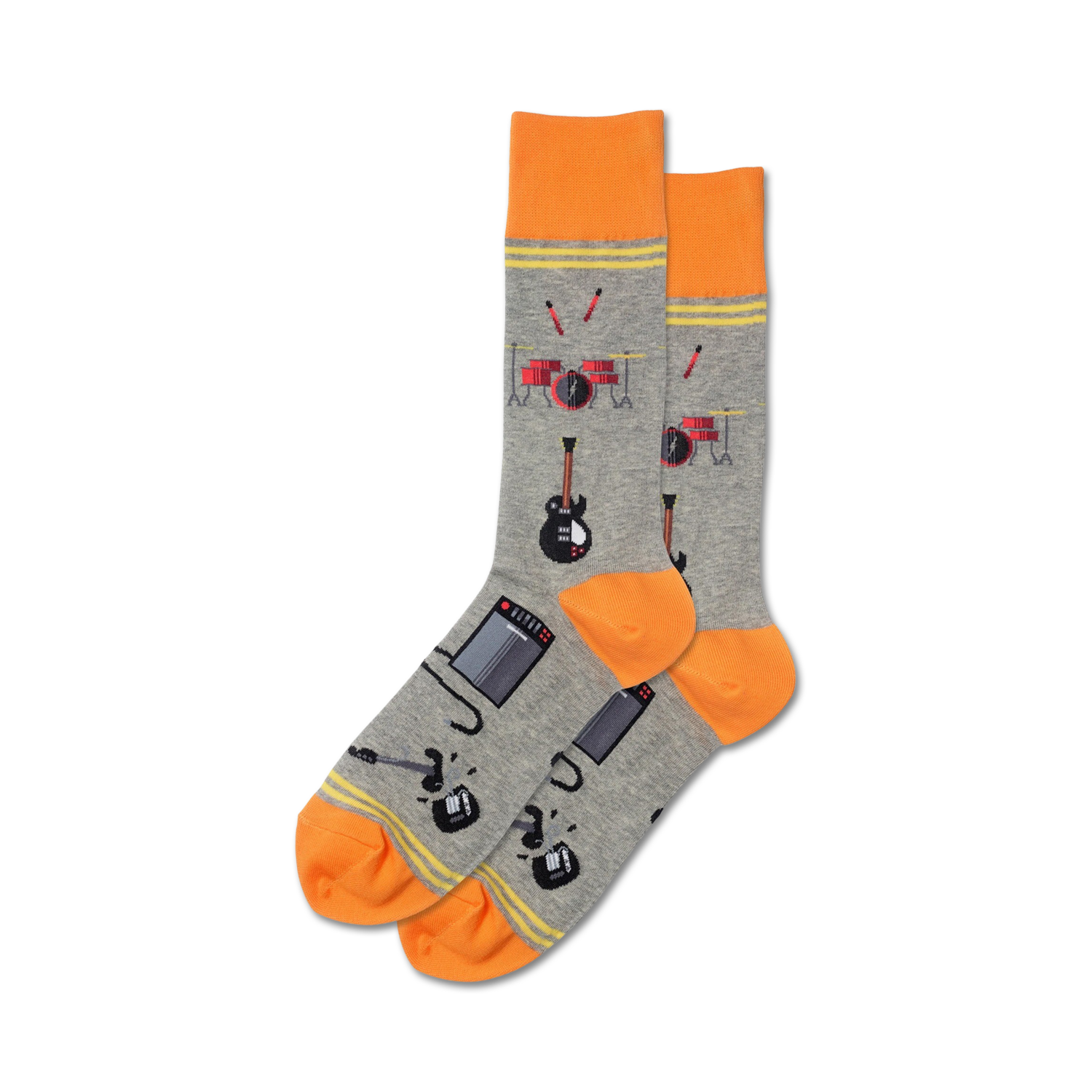 Pair of grey crew socks with orange cuffs.  The socks feature a fun design of musical instruments, including guitars, drums, and amplifiers.