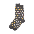 A pair of dark gray crew socks with a repeating pattern of yellow deviled eggs. Two eggs have small red devil horns and tails.
