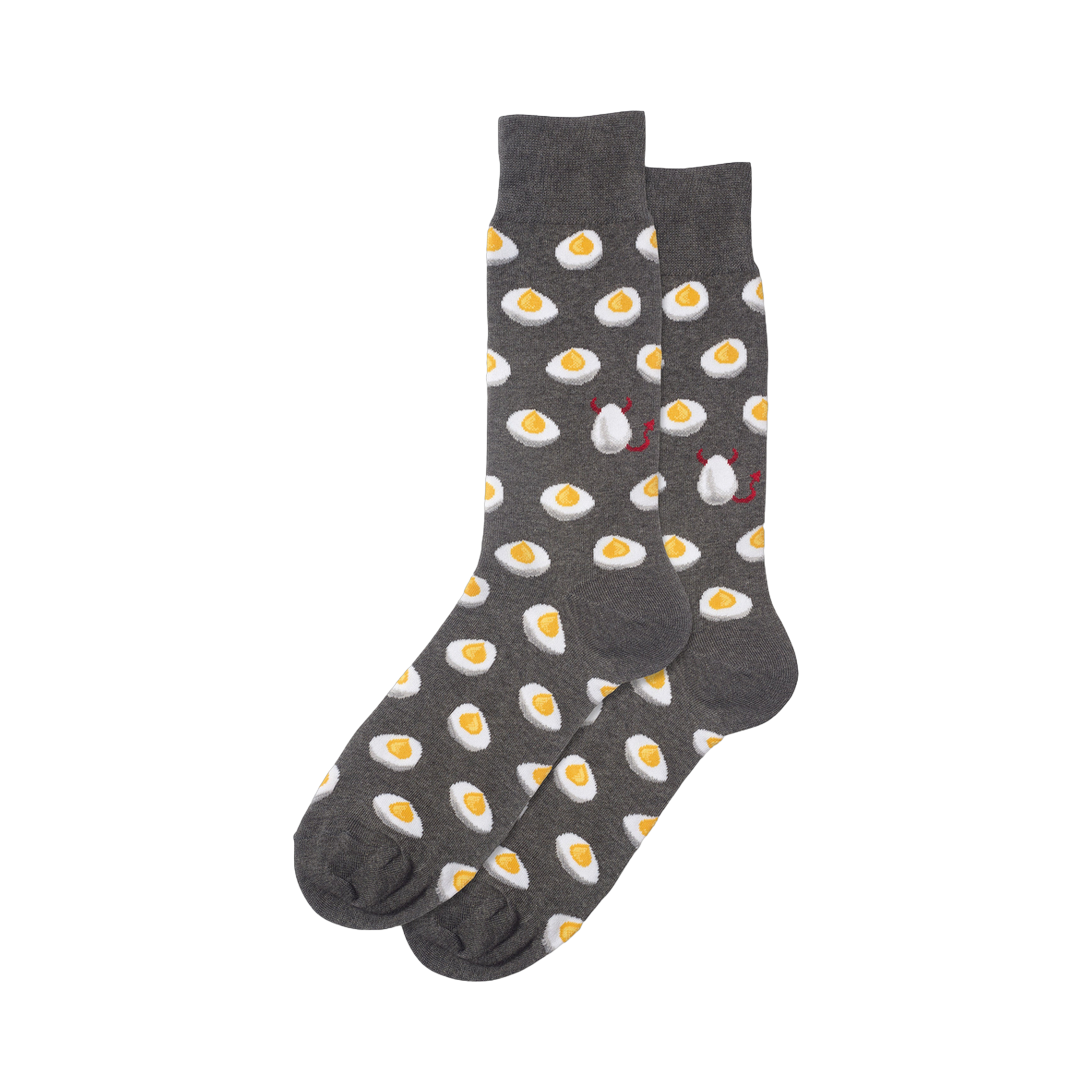 A pair of dark gray crew socks with a repeating pattern of yellow deviled eggs. Two eggs have small red devil horns and tails.