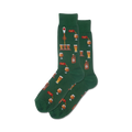 Pair of dark green crew socks with a repeating pattern of beer-related illustrations: beer taps, mugs, growlers, and bottles.