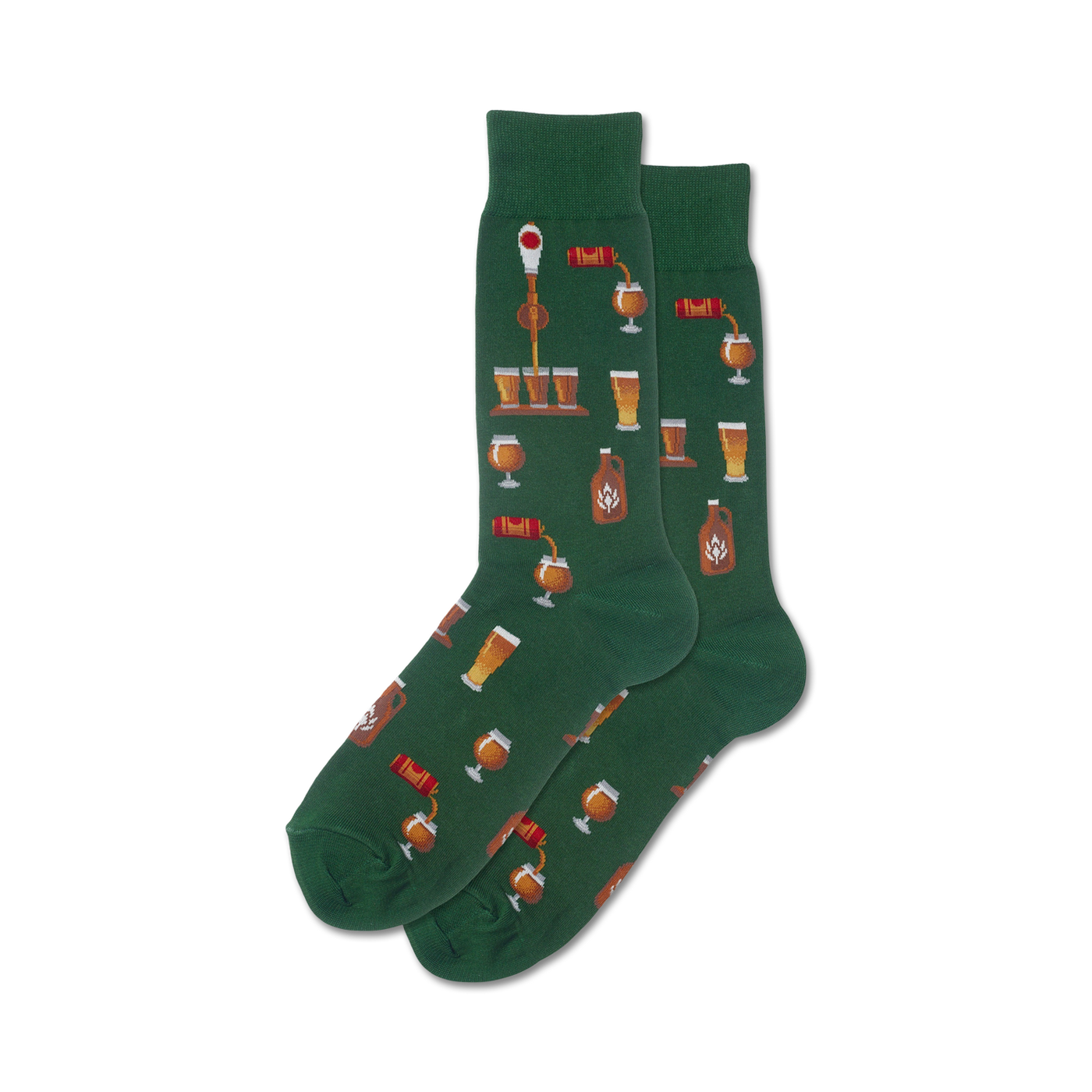 Pair of dark green crew socks with a repeating pattern of beer-related illustrations: beer taps, mugs, growlers, and bottles.
