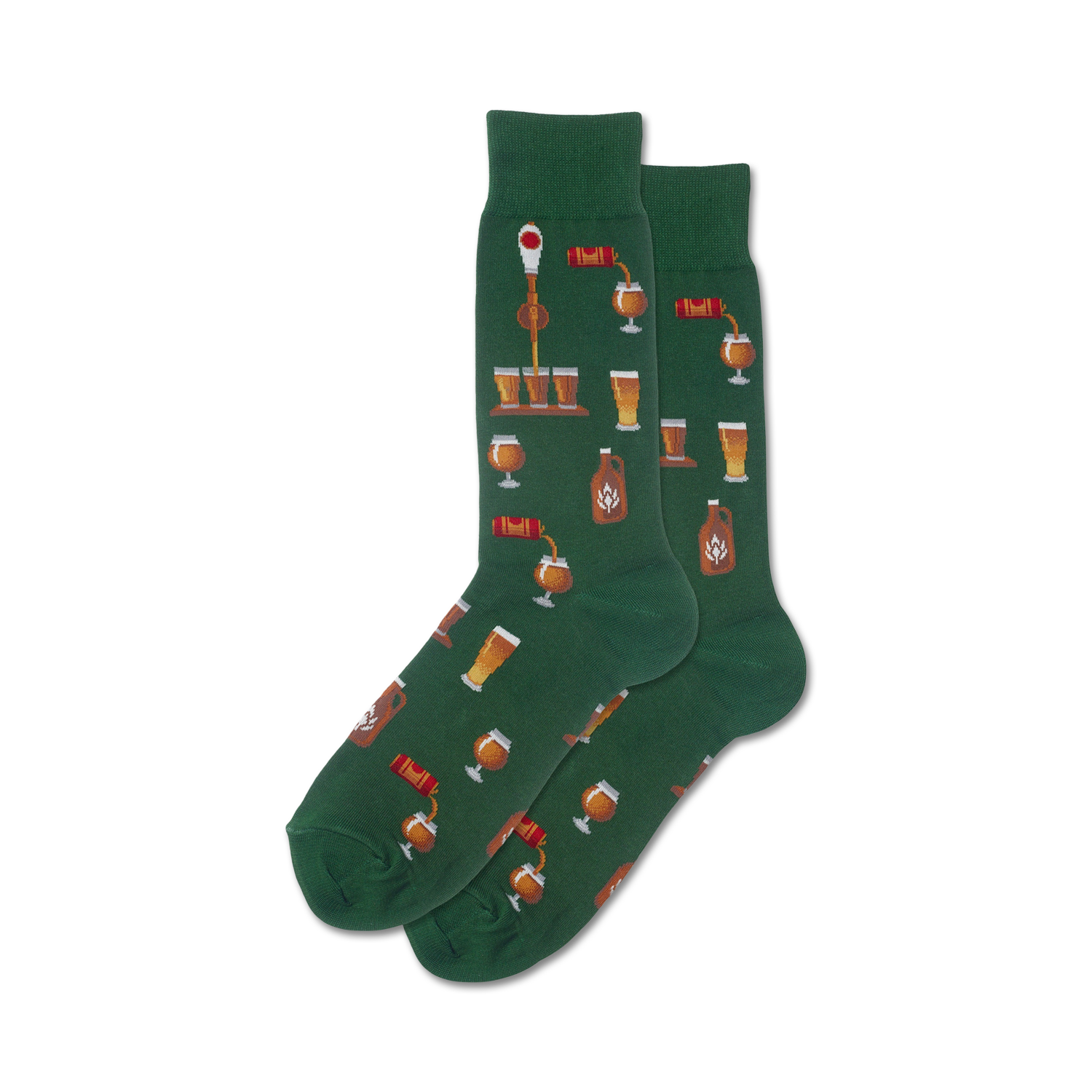 Pair of dark green crew socks with a repeating pattern of beer-related illustrations: beer taps, mugs, growlers, and bottles.