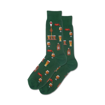 mens green craft beer crew socks with a pattern of beer glasses, beer bottles, and beer taps.   