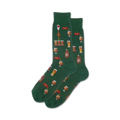 mens green craft beer crew socks with a pattern of beer glasses, beer bottles, and beer taps.   