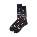 A pair of black crew socks with colorful cocktail illustrations and the text 'Day Drinker'.