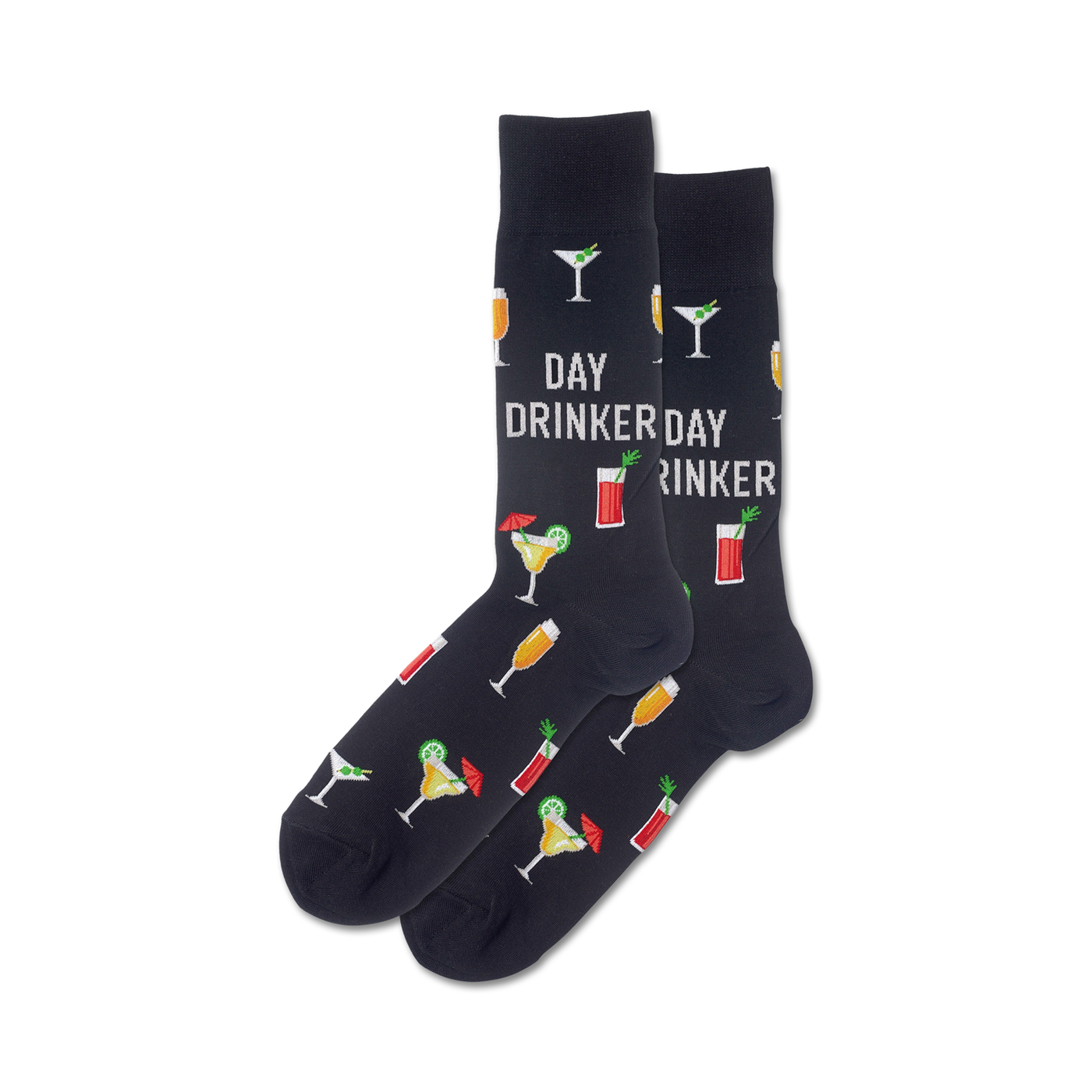 A pair of black crew socks with colorful cocktail illustrations and the text 'Day Drinker'.