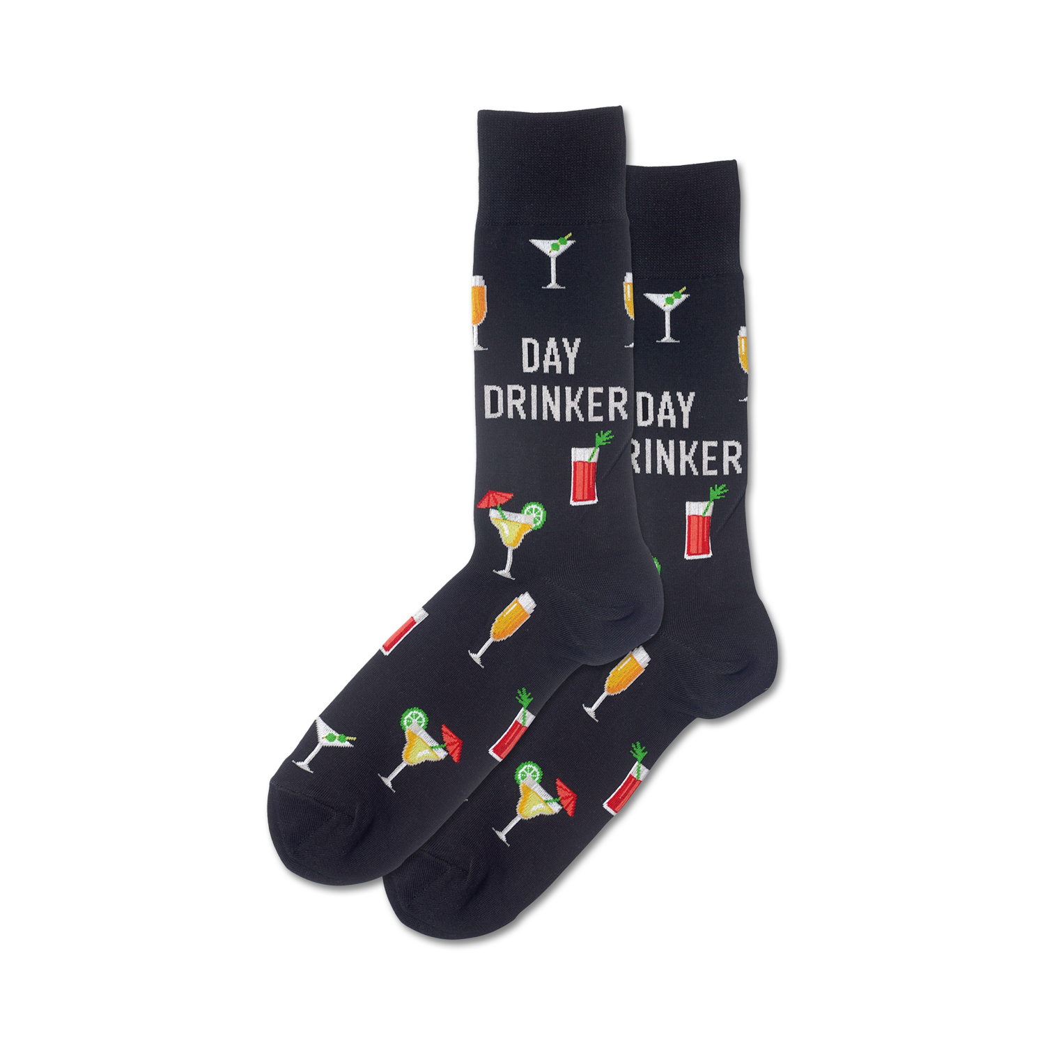 A pair of black crew socks with colorful cocktail illustrations and the text 'Day Drinker'.
