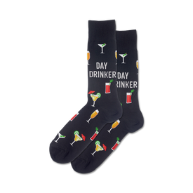 black crew socks for men showcasing variety alcoholic beverages including martinis, champagne, & red wine glass patterns.  