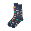 Pair of navy blue crew socks with a playful pattern of multicolored pixelated books and glasses.