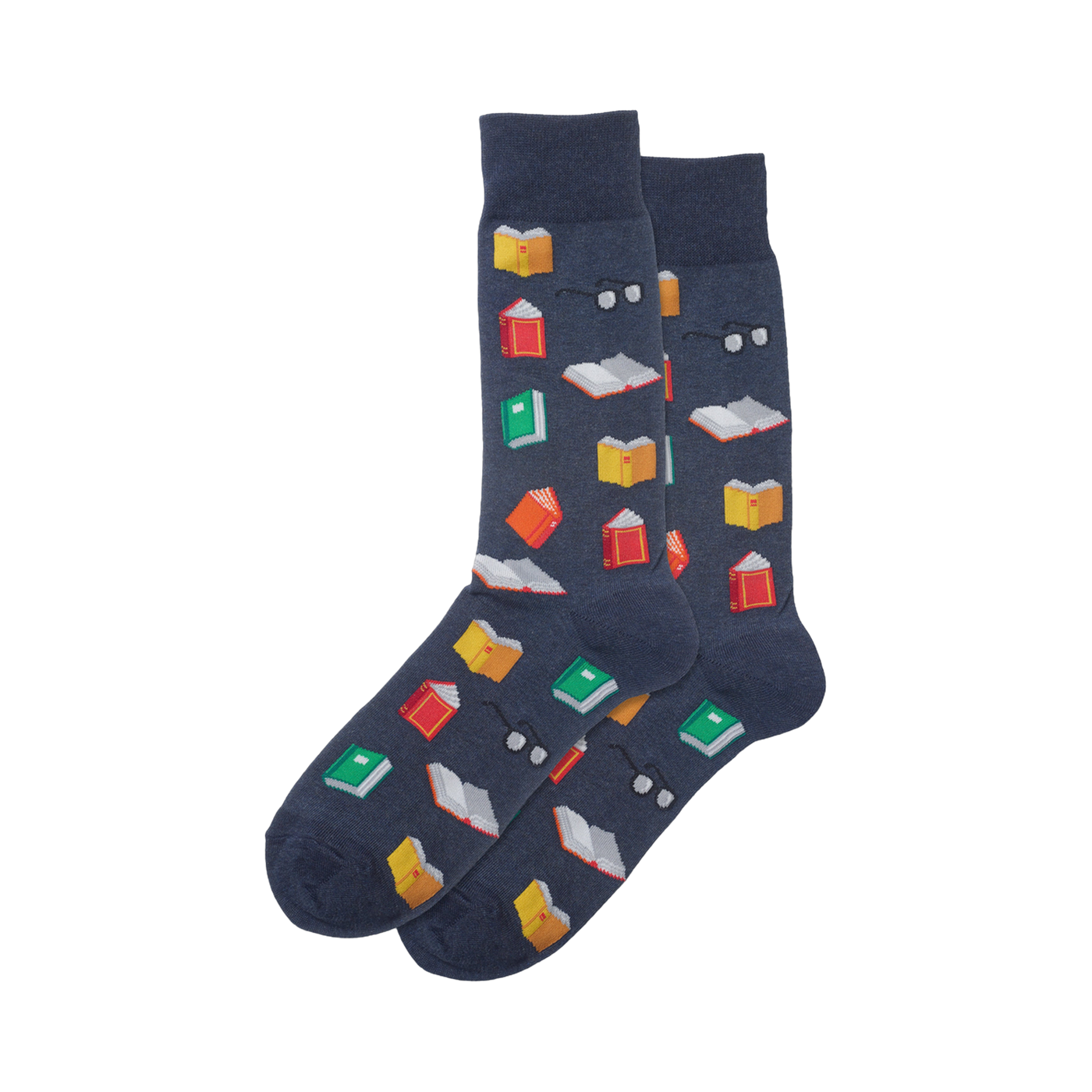 Pair of navy blue crew socks with a playful pattern of multicolored pixelated books and glasses.