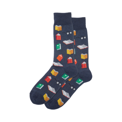 Pair of navy blue crew socks with a playful pattern of multicolored pixelated books and glasses.