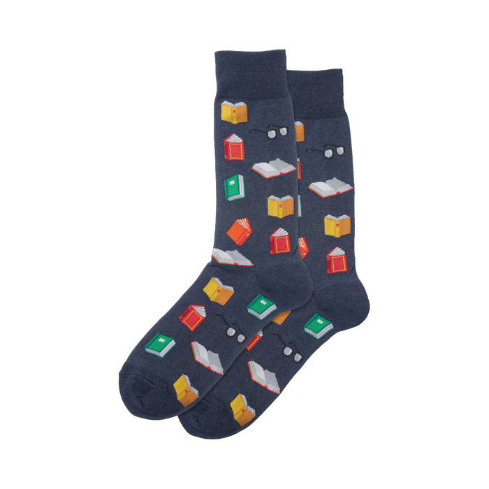 Pair of navy blue crew socks with a playful pattern of multicolored pixelated books and glasses. }}