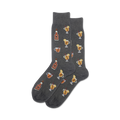 Pair of dark grey crew socks with a repeating pattern of illustrated mugs of hot toddies, bottles, cinnamon sticks, and lemon slices.