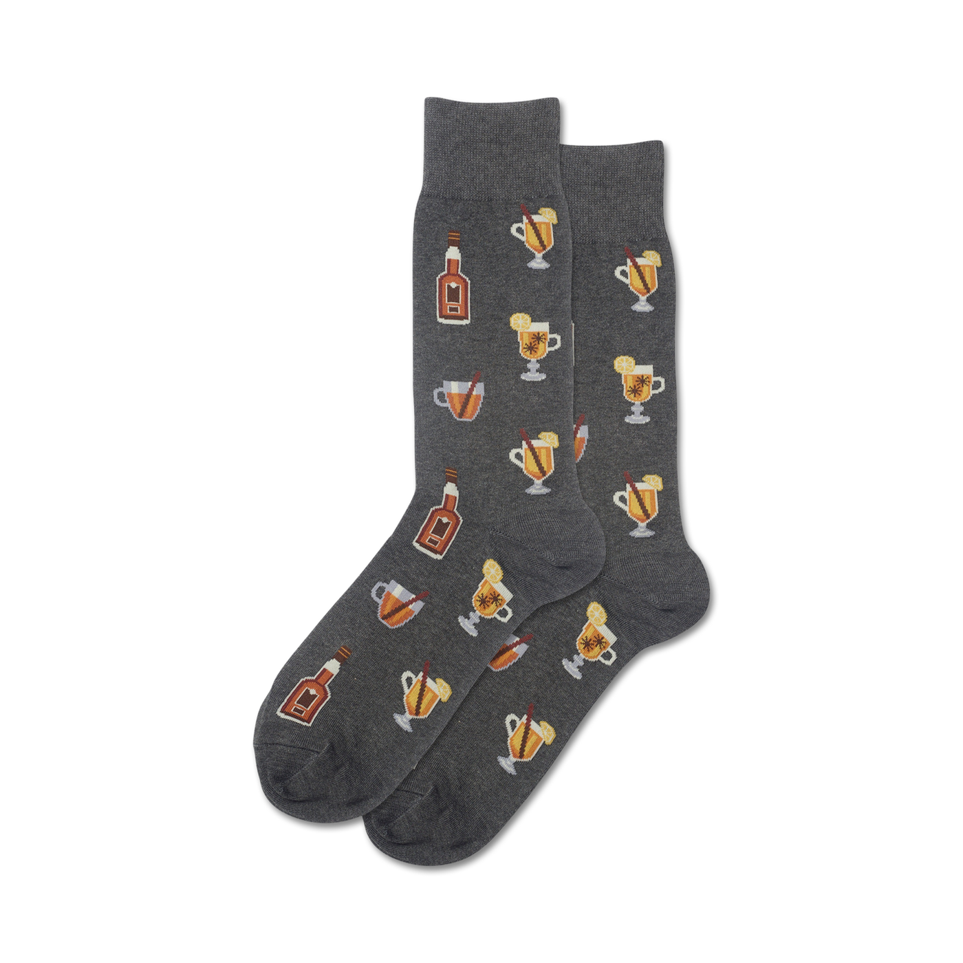 Pair of dark grey crew socks with a repeating pattern of illustrated mugs of hot toddies, bottles, cinnamon sticks, and lemon slices.