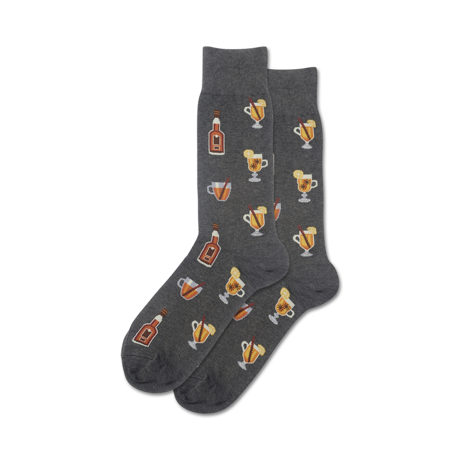 Pair of dark grey crew socks with a repeating pattern of illustrated mugs of hot toddies, bottles, cinnamon sticks, and lemon slices.