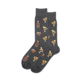 mens gray crew socks with pattern of brown bottles, orange slices, white flowers, and yellow blooms. whiskey themed.   