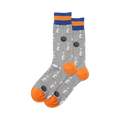 Pair of crew socks; gray with blue and orange stripes; pattern of white bowling pins and black bowling balls.