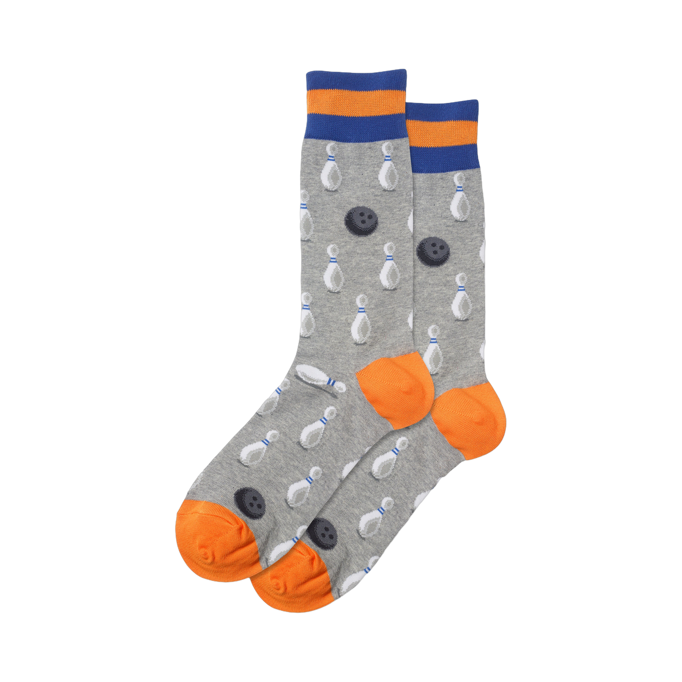Pair of crew socks; gray with blue and orange stripes; pattern of white bowling pins and black bowling balls.