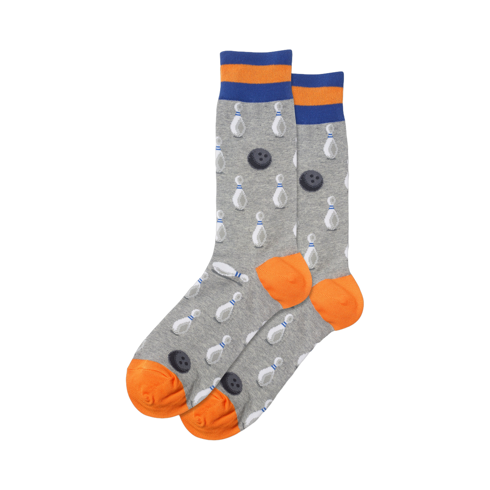 Pair of crew socks; gray with blue and orange stripes; pattern of white bowling pins and black bowling balls.