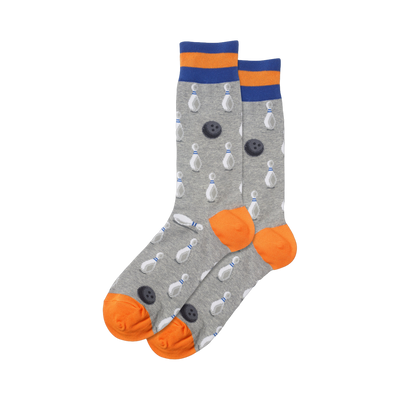 Pair of crew socks; gray with blue and orange stripes; pattern of white bowling pins and black bowling balls.