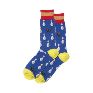 Lifestyle shot showing blue Bowling Stripe socks on a model's feet.