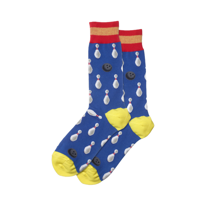 Lifestyle shot showing blue Bowling Stripe socks on a model's feet.