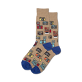 Tan crew socks with a colorful vintage camera pattern. The cameras are in various colors and styles against a tan background, and the socks have a royal blue cuff.