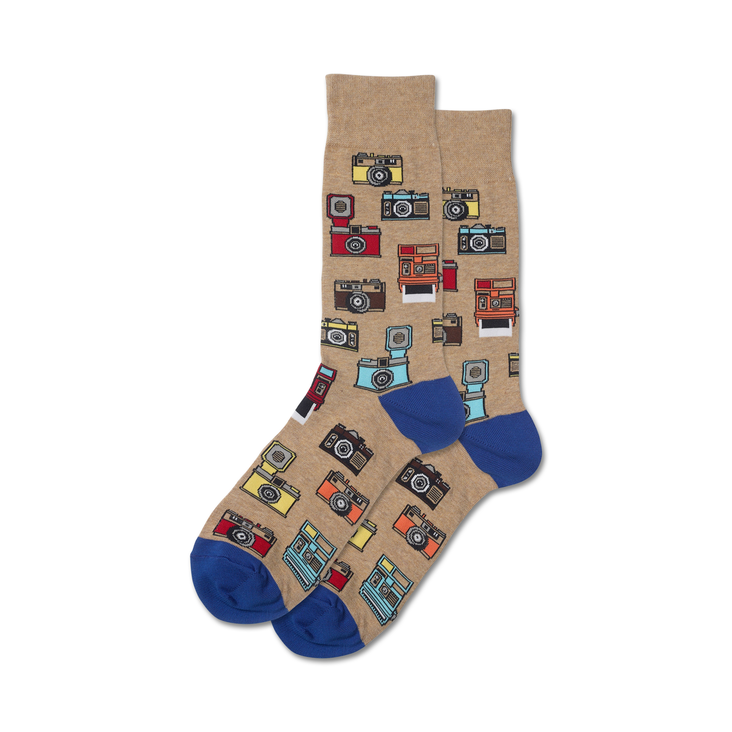Tan crew socks with a colorful vintage camera pattern. The cameras are in various colors and styles against a tan background, and the socks have a royal blue cuff.
