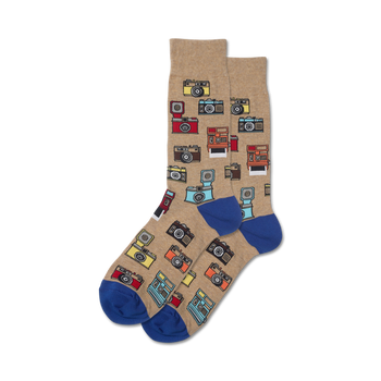 novelty socks with pattern of vintage cameras in various colors. blue toes and heels. perfect for photography enthusiasts.  