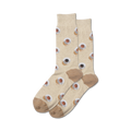 Pair of beige crew socks with a repeating pattern of brown coffee cups.  The socks have a taupe heel and toe.