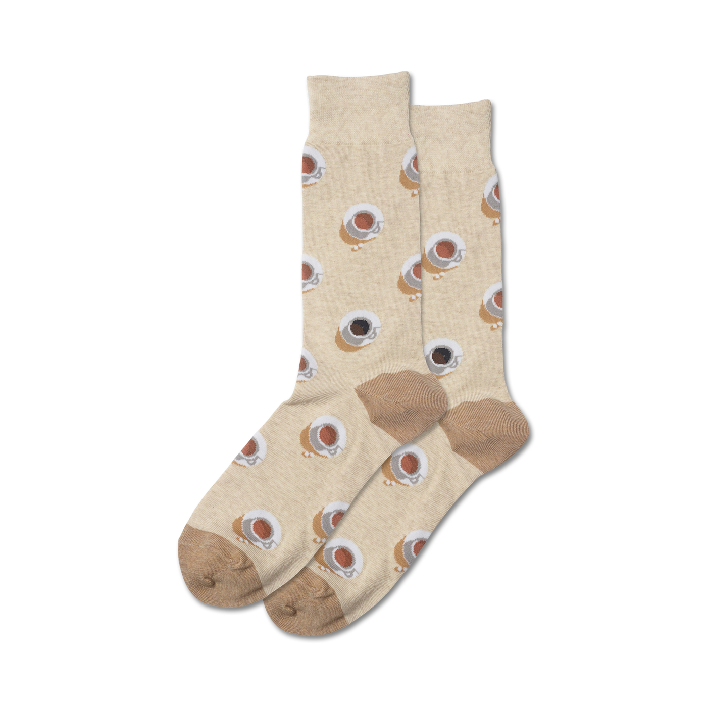 Pair of beige crew socks with a repeating pattern of brown coffee cups.  The socks have a taupe heel and toe.