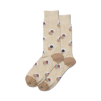 Pair of beige crew socks with a repeating pattern of brown coffee cups.  The socks have a taupe heel and toe.