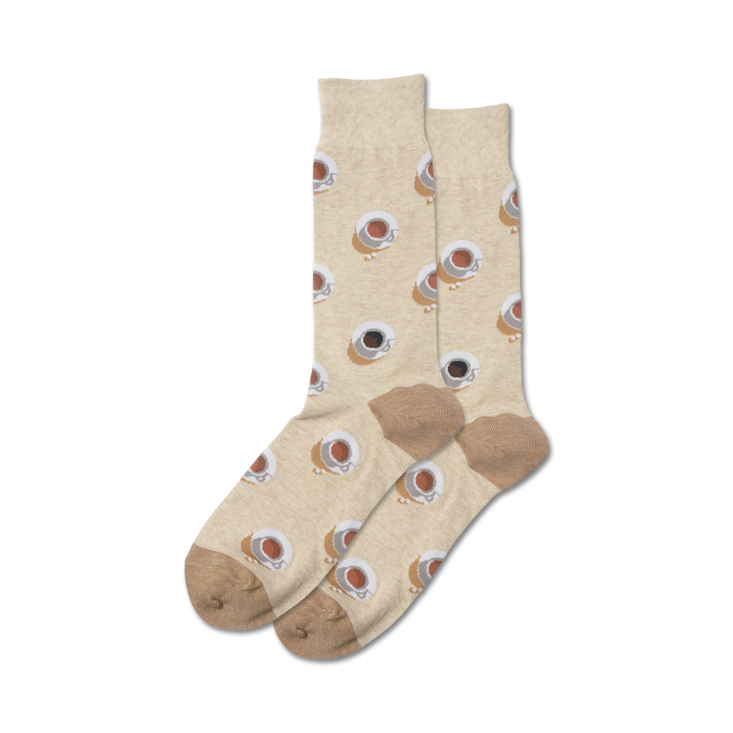Pair of beige crew socks with a repeating pattern of brown coffee cups.  The socks have a taupe heel and toe.