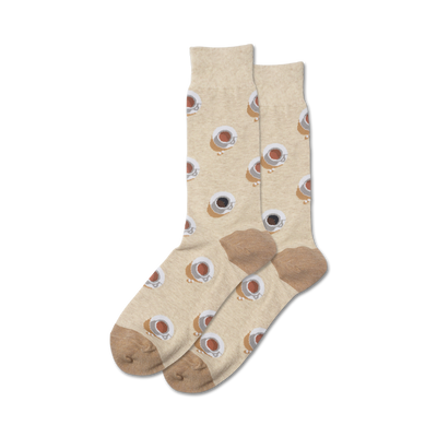 brown and tan crew socks with a pattern of dark brown filled coffee cups.  