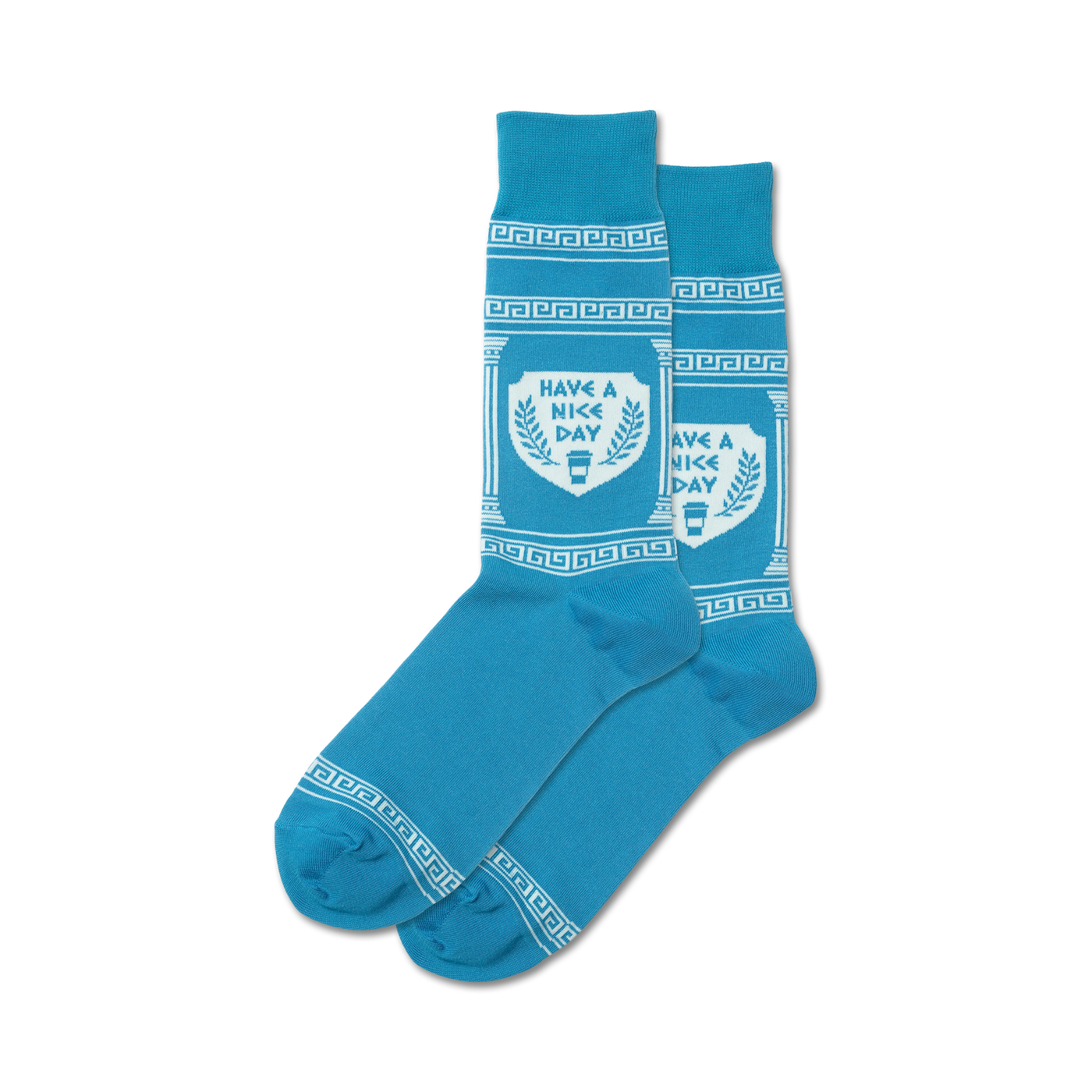 Pair of blue crew socks with a white Greek key border and central design that says, 'Have A Nice Day' inside a shield with coffee cup graphic.