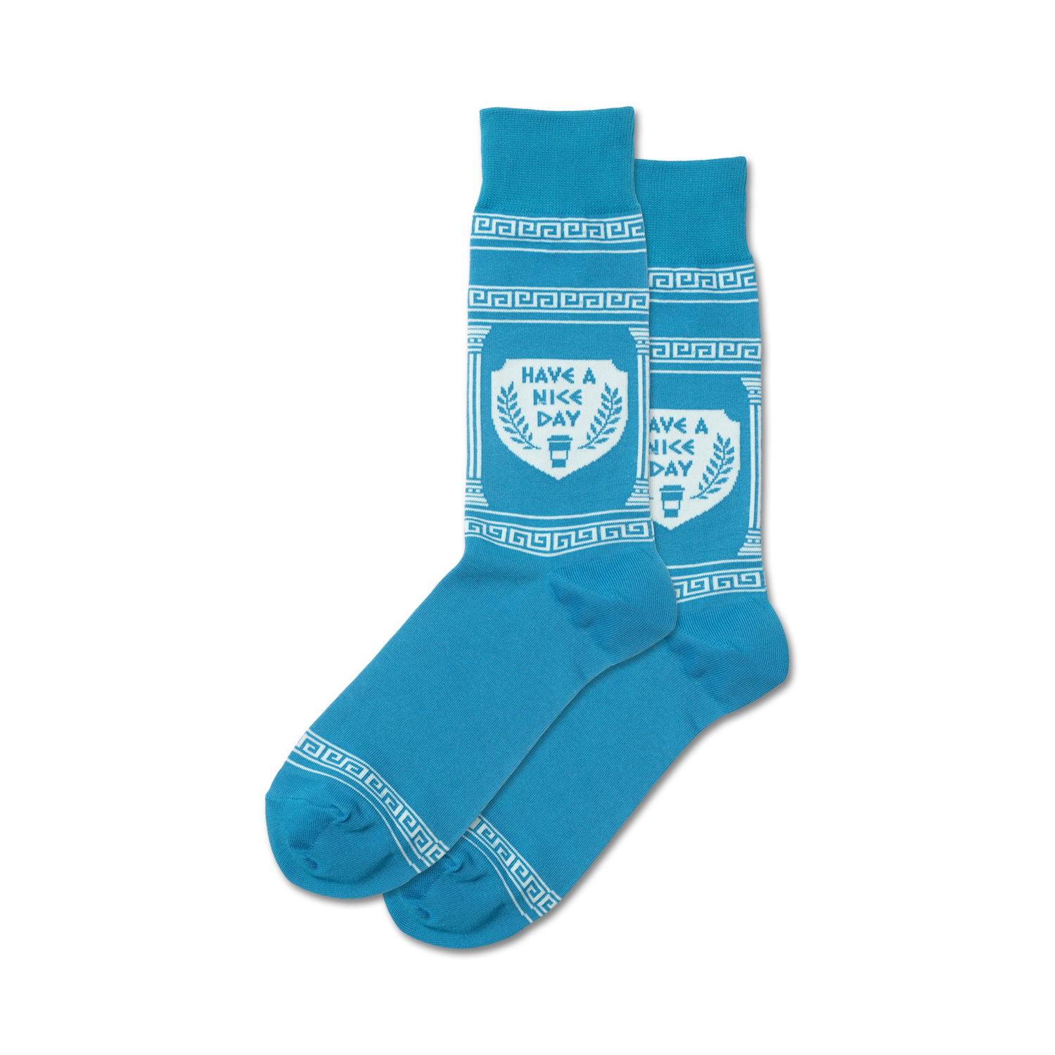 Pair of blue crew socks with a white Greek key border and central design that says, 'Have A Nice Day' inside a shield with coffee cup graphic.