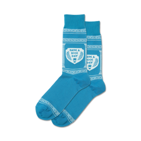 men's light blue crew socks with white have a nice day pattern, perfect for adding a touch of positivity to your everyday look.  