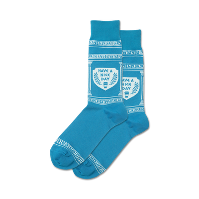 men's light blue crew socks with white have a nice day pattern, perfect for adding a touch of positivity to your everyday look.  