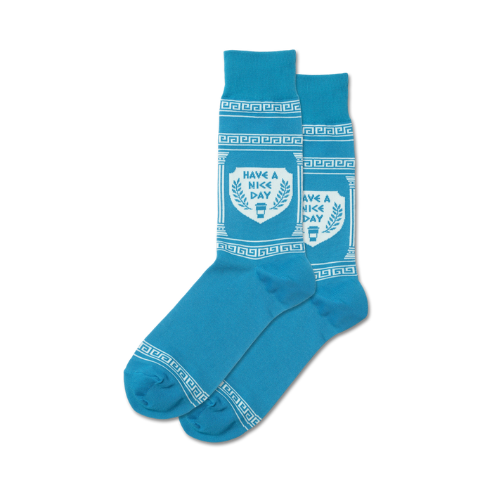 men's light blue crew socks with white have a nice day pattern, perfect for adding a touch of positivity to your everyday look.   }}